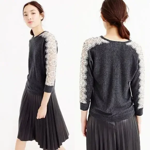 NWT J. Crew Grey Wool Lace Sleeve Sweater - Picture 1 of 7